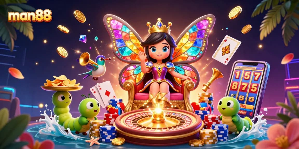 Engage with man88's vibrant casino scene featuring a butterfly queen and dynamic game elements.