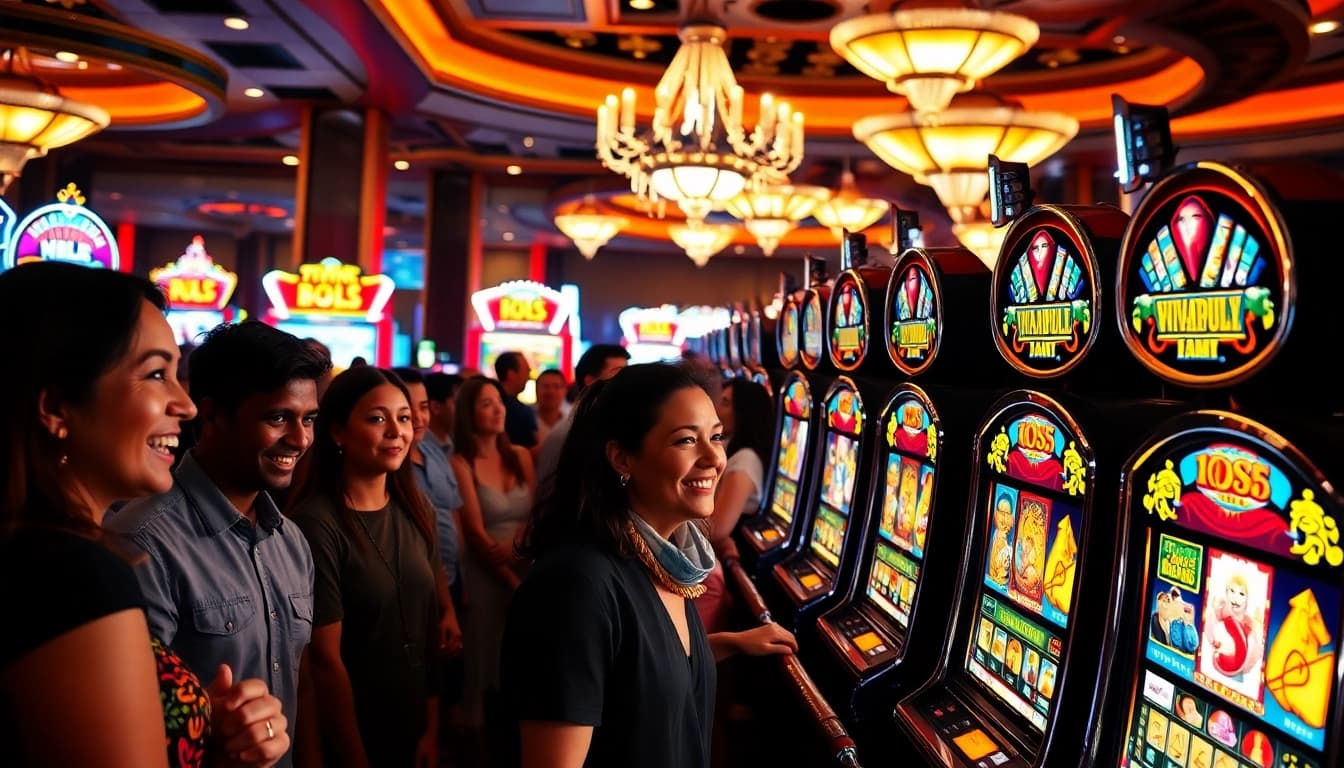 Engaged players enjoying slot gambling at vibrant casino machines surrounded by colorful decor.