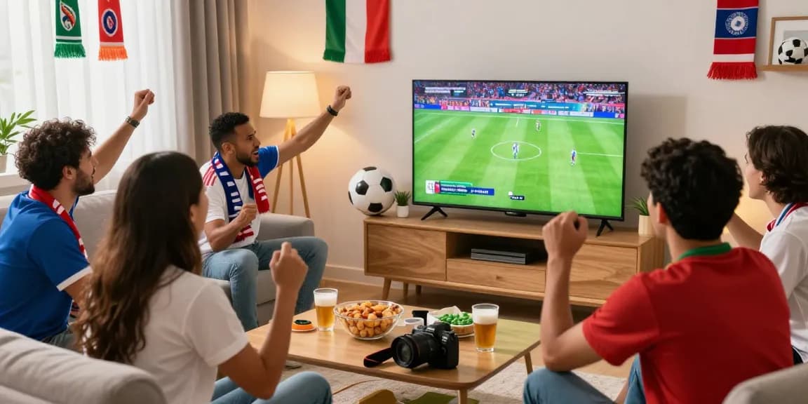 Suasana menonton live streaming Piala Dunia FIFA 2026 di SPORTBOOK TATA4D dengan penonton antusias dan dekorasi sepak bola.