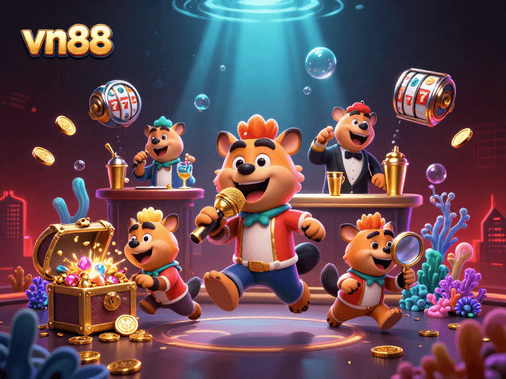 Experience laughter and excitement with the vn88 hyenas in a vibrant casino scene filled with gold!