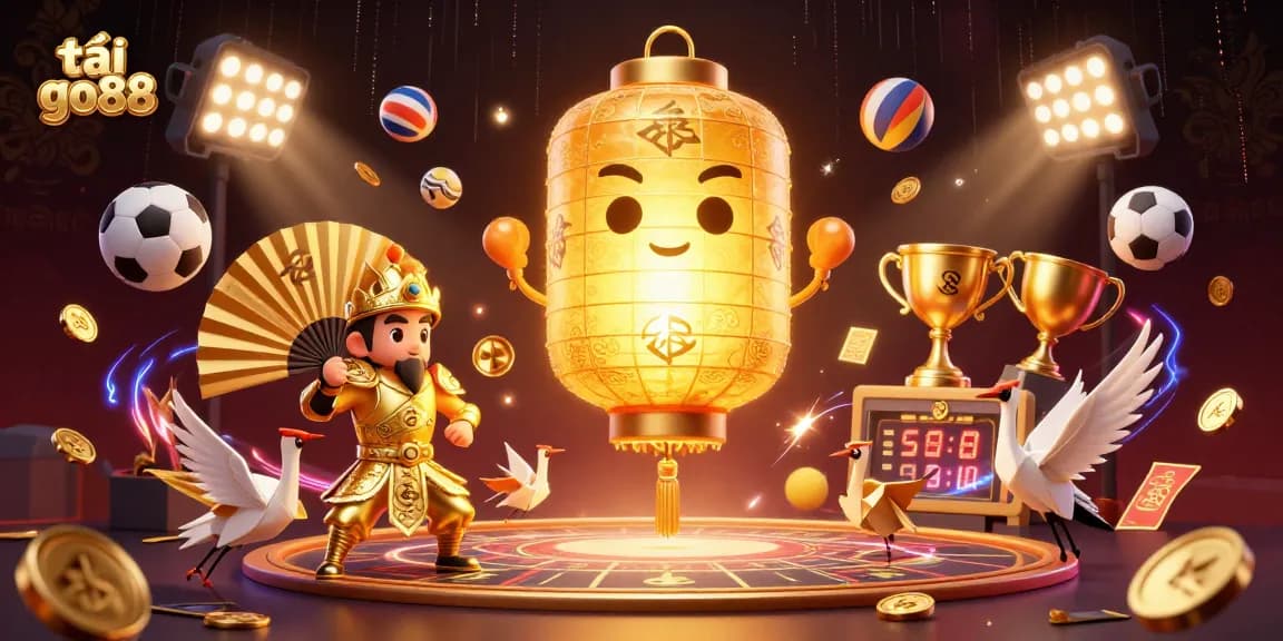 Tải go88 showcases an energetic casino scene with a golden lantern spirit and dynamic sports elements.