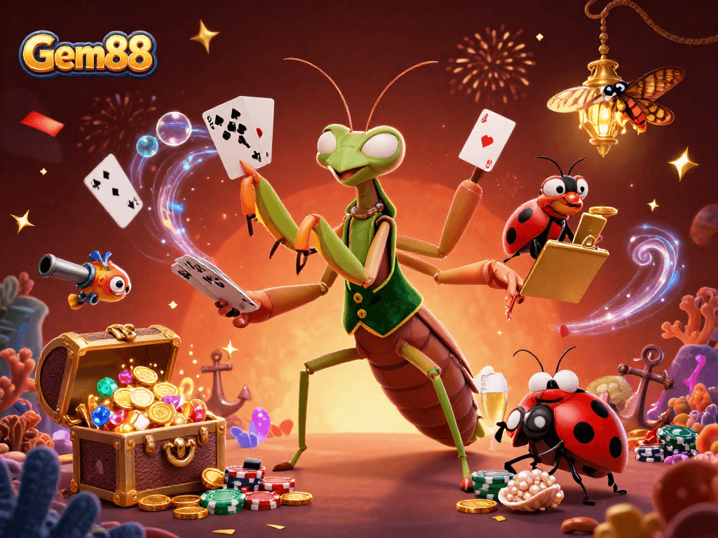 Gem88 showcases a festive casino scene with a giant mantis dealer, filled with excitement and vivid details.