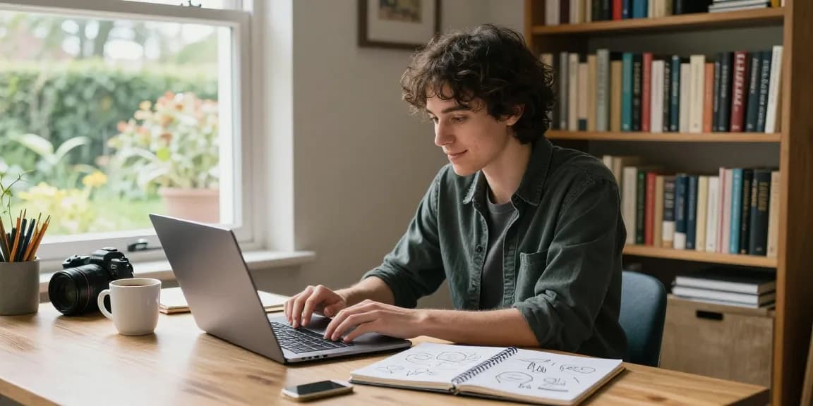 Experience a cozy home office inviting readers to visit our blog for creative insights and inspiration.