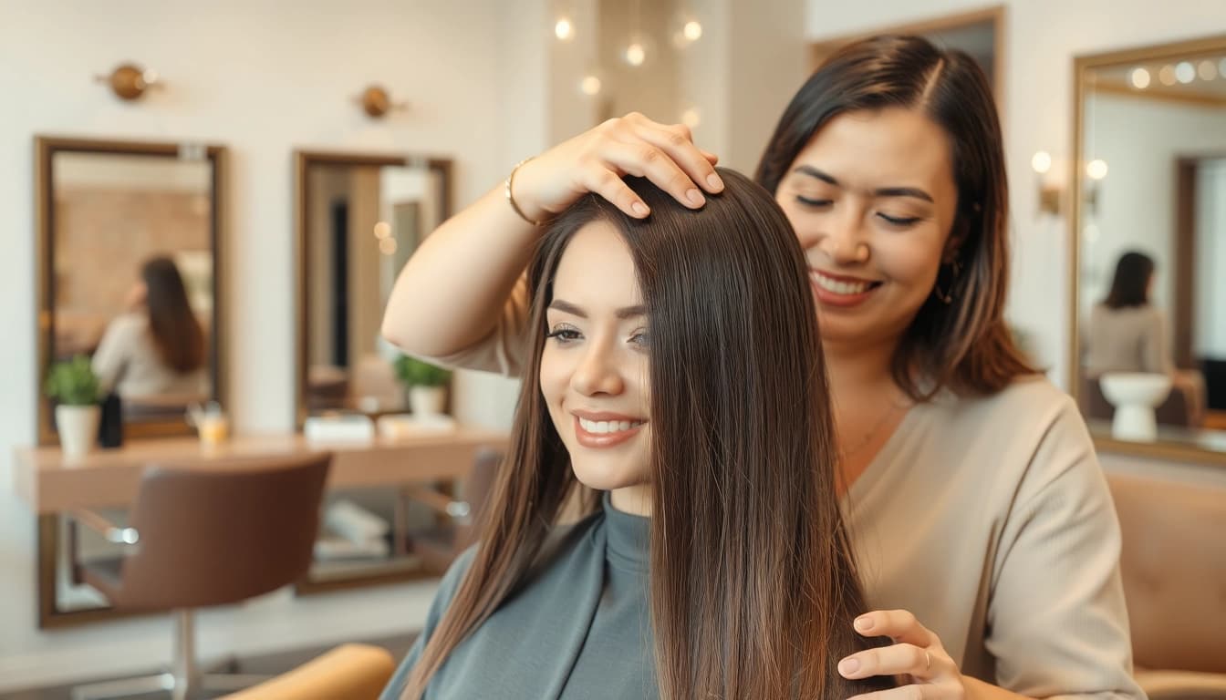Hair straightening process showcasing a hairstylist smoothing shiny hair.