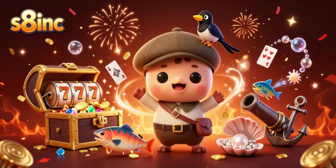 Engage with thrilling gaming at s8inc, depicted through playful characters in an exciting casino scene.
