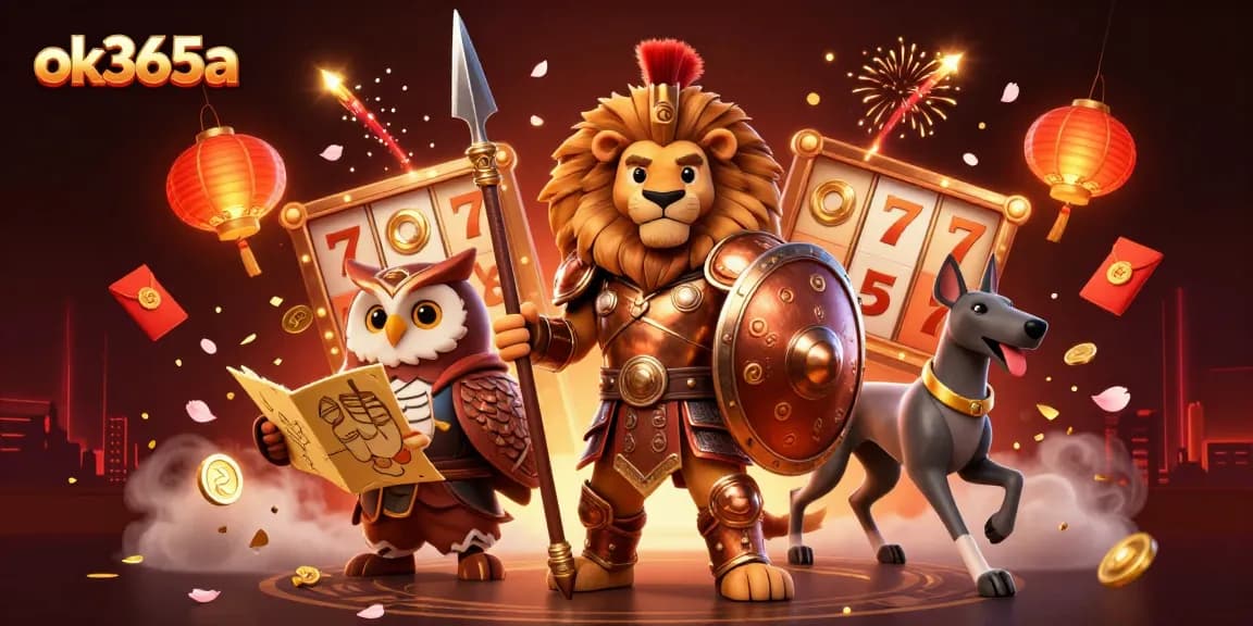 Play exciting games at ok365a, featuring a brave lion, strategic owl, and swift greyhound amidst vibrant casino elements.