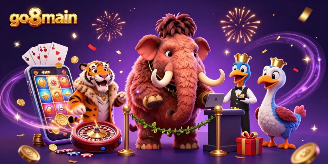 Experience gaming excitement at go8main with a vibrant online casino bouncer scene featuring classic game motifs.