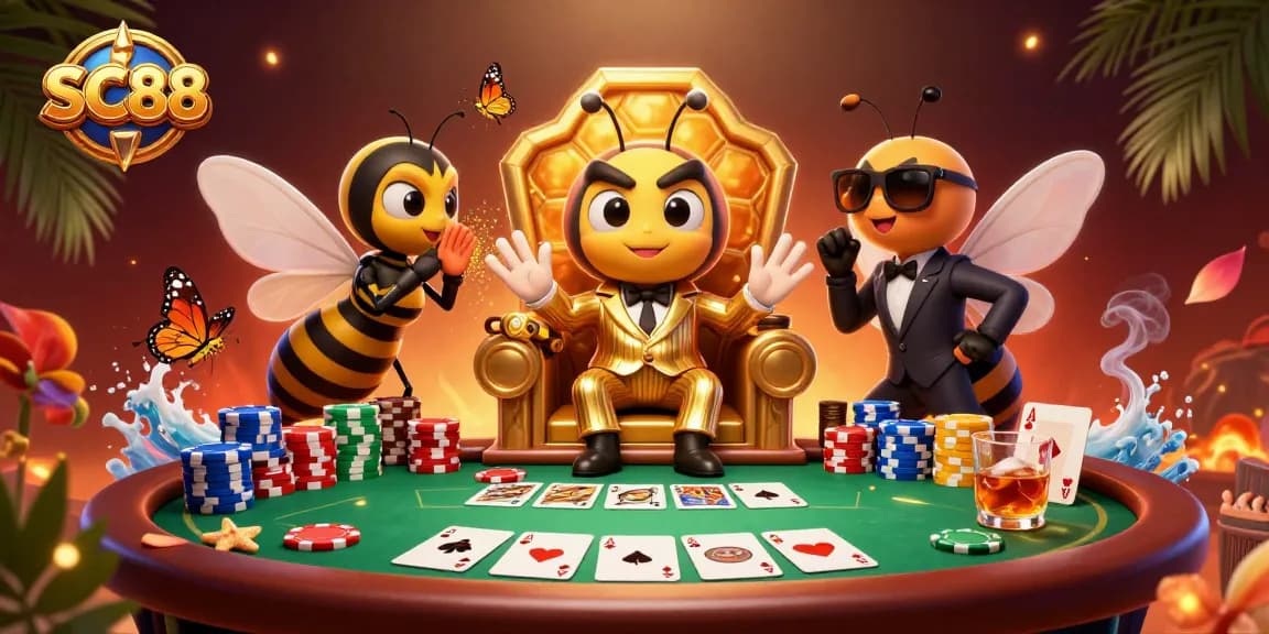 Join the SC88 excitement at this vibrant casino scene featuring card games and dynamic characters.
