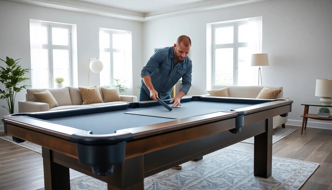 Pool table mover disassembling a slate pool table in a bright living room.
