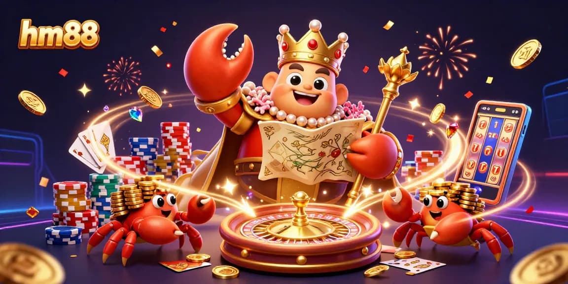 Enjoy defeating the 3D golden crab emperor at HM88 amidst cascading coins and thrilling casino games.