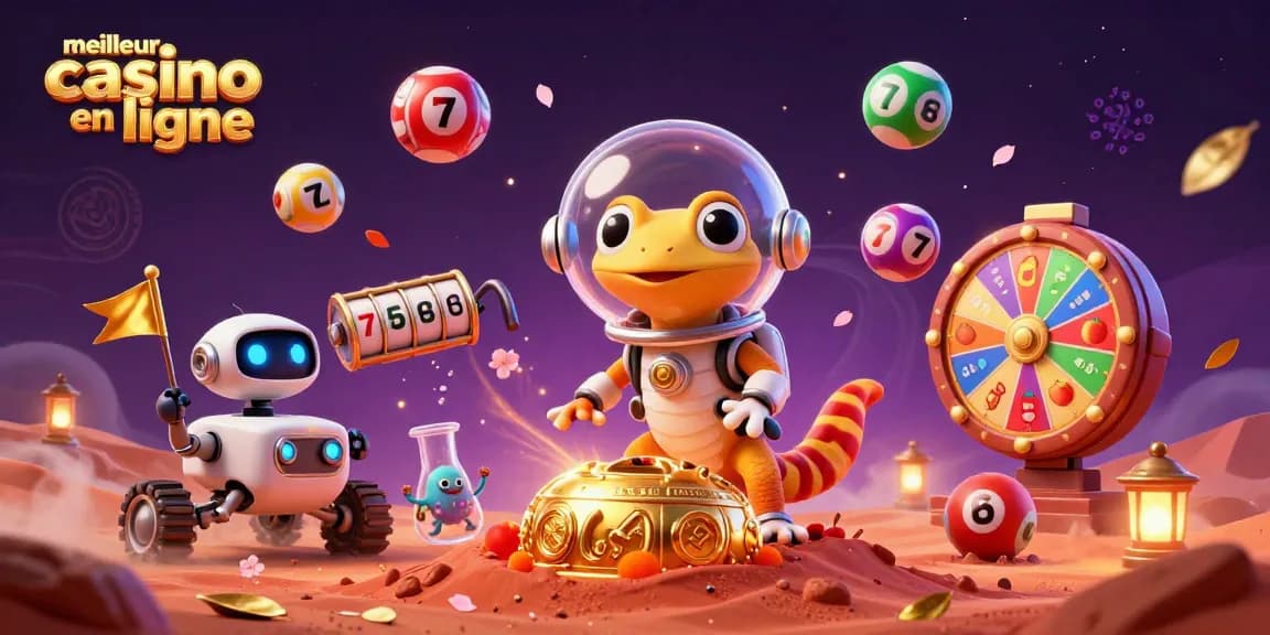 Illustration vibrante représentant un gecko martien découvrant le meilleur casino en ligne sous le sable martien.