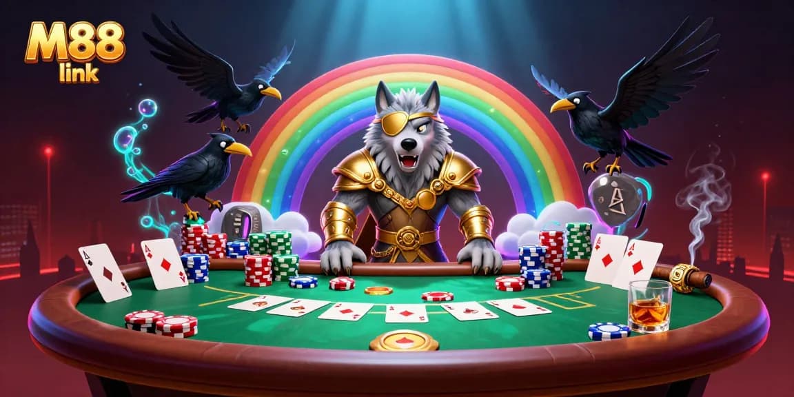 Play exciting games with M88 link featuring an epic underworld bridge of casino chips.