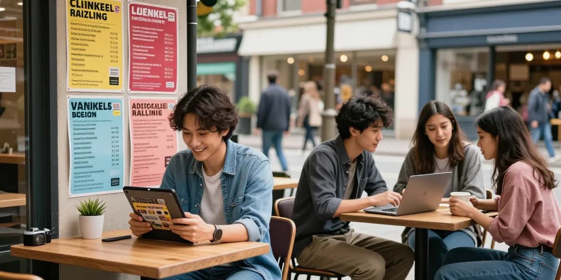 Bedpersonal community members engaging in local classifieds activities at a vibrant urban café.