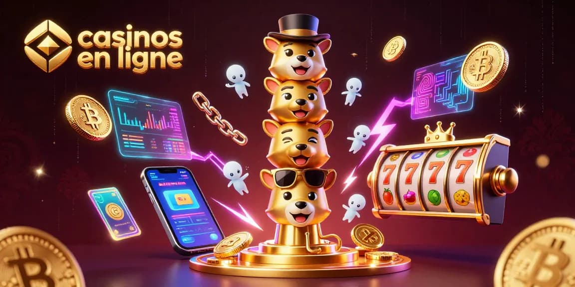 Illustration colorée promouvant des casinos en ligne avec des jetons Bitcoin et Ethereum
