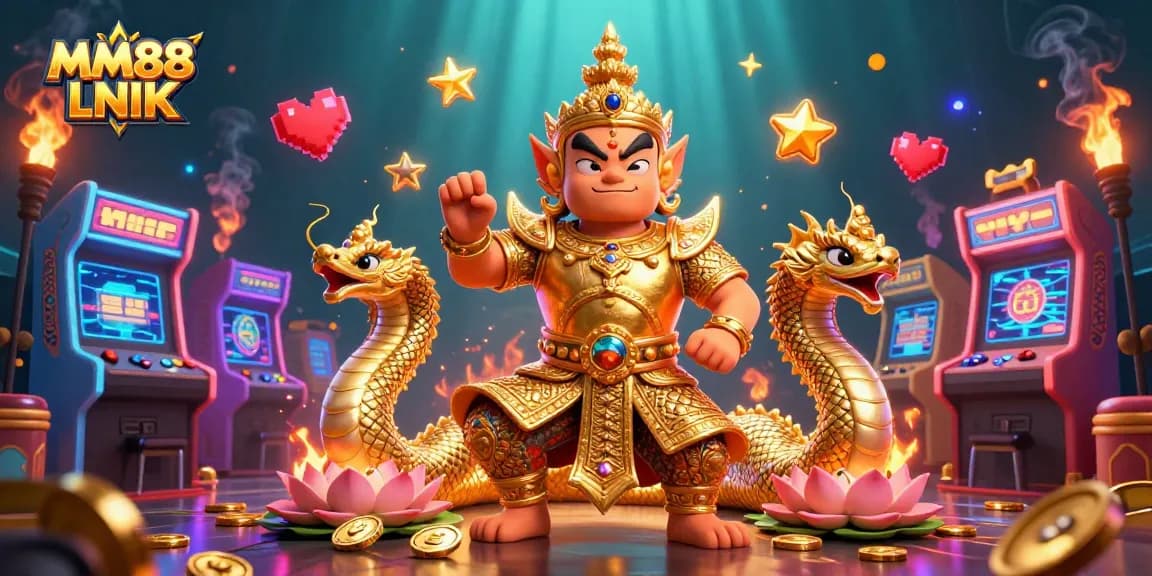 Engage with exciting games at MM88 LNIK, showcasing vibrant casino elements and dynamic 3D characters.