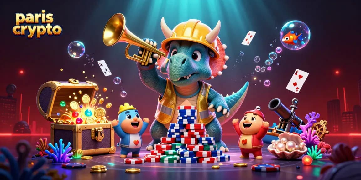 Experimentez les paris crypto dans une scène festive avec un triceratops et des éléments colorés de jeu.