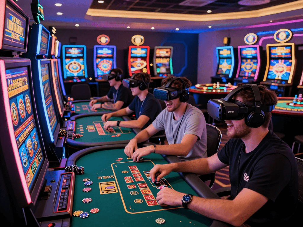 Exciting gaming atmosphere in a crypto casino with players on digital slot machines and VR technology, neon lights reflecting the thrilling experience.