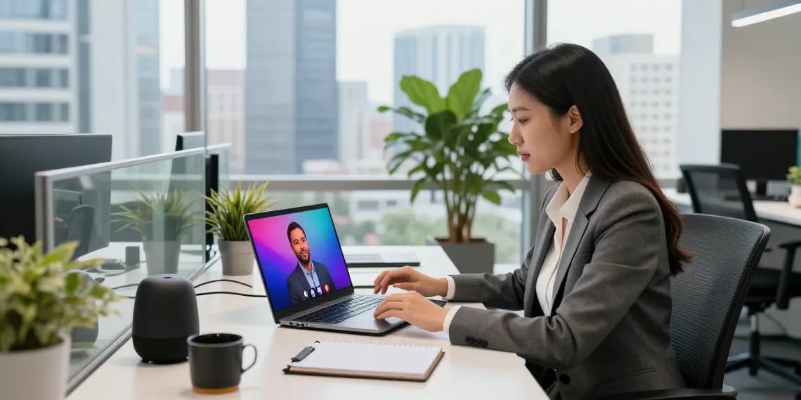 Professional in video conference at NAGA2000 workspace with modern decor