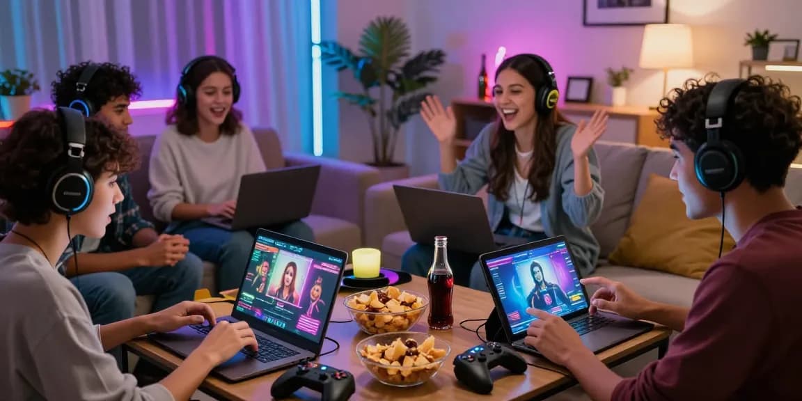 Gameplay moment showcasing friends enjoying sex games on various devices in a vibrant gaming setup.