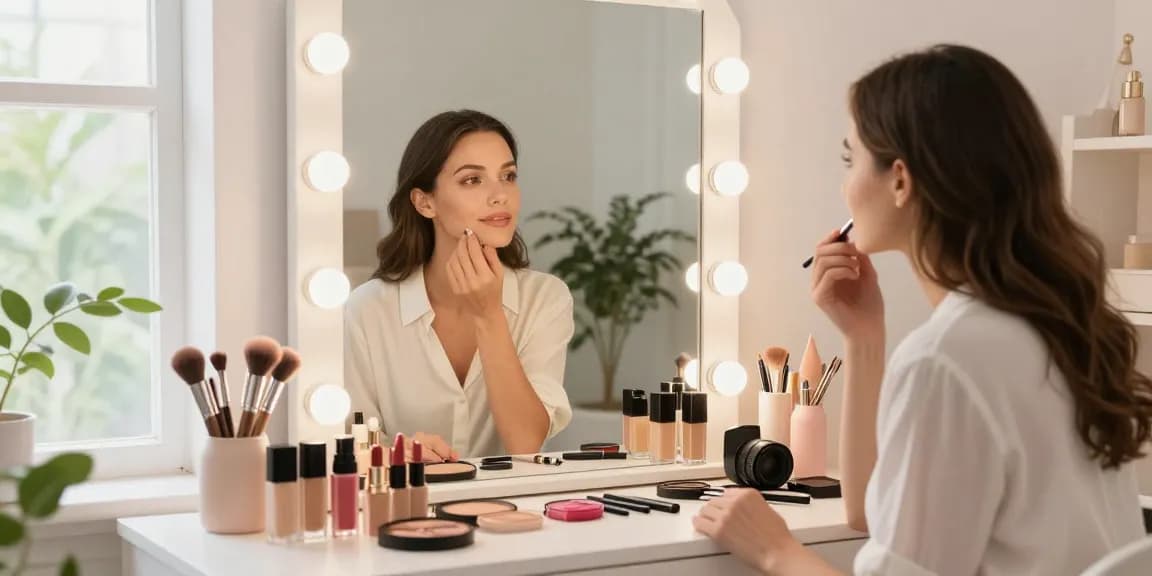 Trucco personalizzato applicato in uno studio di bellezza elegante con decorazioni pastello.