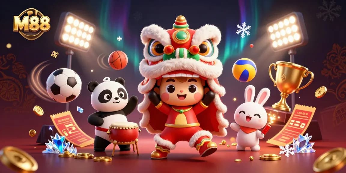 M88 offers exciting gambling experiences with lively characters and dynamic sports elements in this vibrant 3D illustration.
