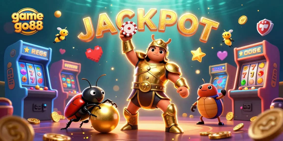 Engage in the thrill of game go88 as a heroic beetle lifts a poker chip amidst vibrant gaming elements.