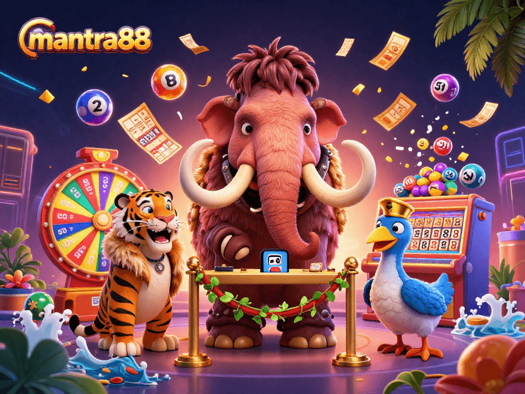 Experience the thrilling ambiance of mantra88 with a vibrant casino scene featuring dynamic lottery elements.