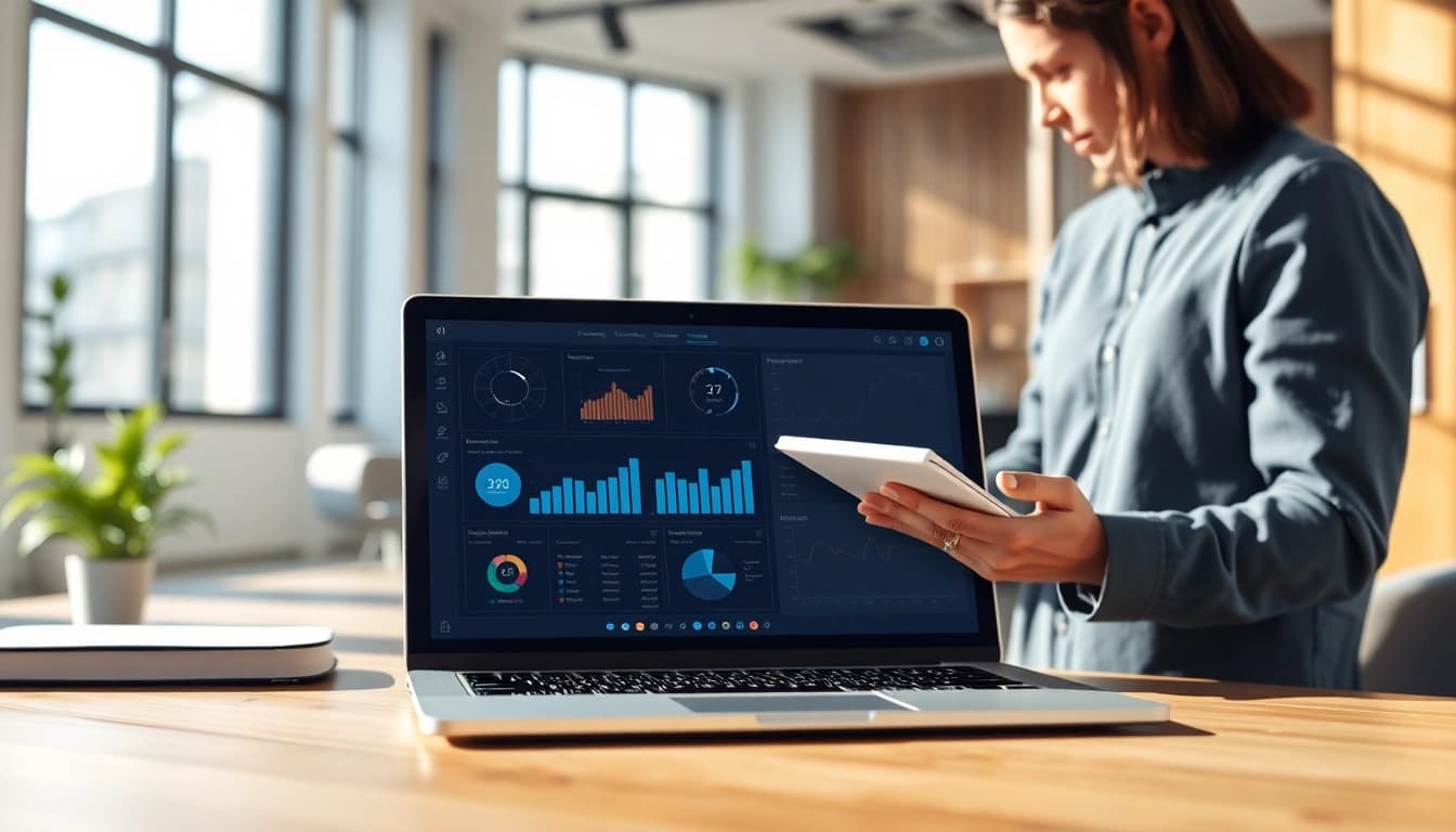 Create a visually engaging workspace showcasing an AI content engine for property developers in action.