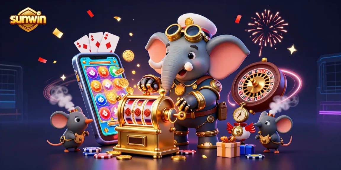 sunwin casino: engaging steampunk illustration with slot machine and festive elements
