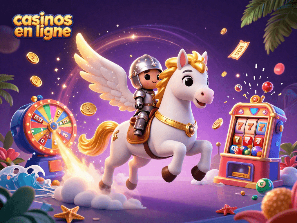 Plongez dans l'univers des casinos en ligne avec ce cheval céleste et des éléments de jeux colorés.