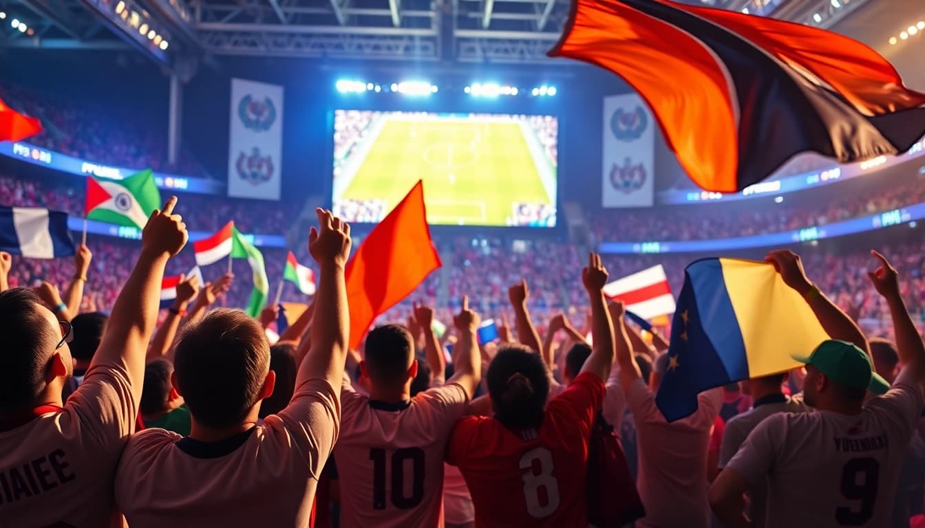 Penggemar menyerukan semangat bolakami dalam suasana pertunjukan sepak bola yang meriah.