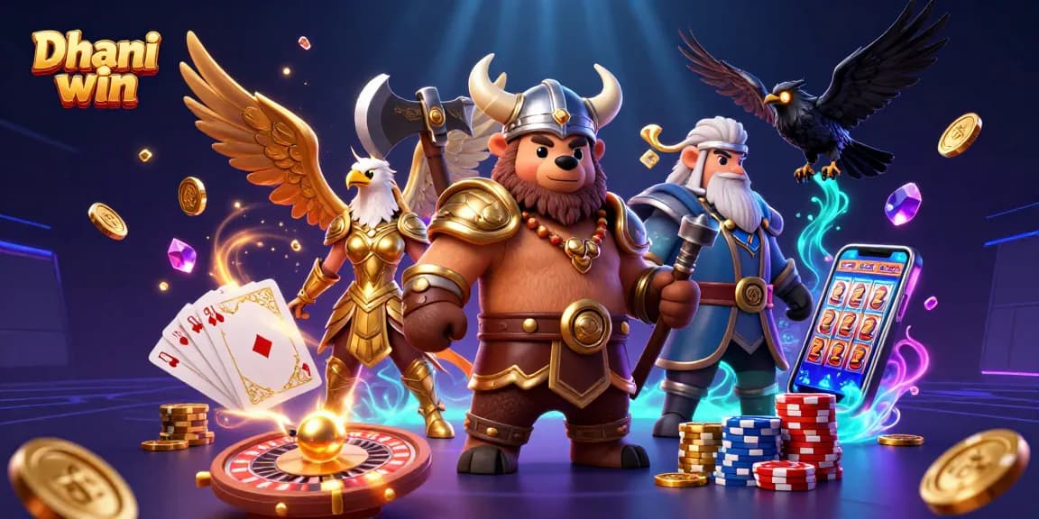 Dhani win showcases a lively scene with a Viking bear and Valkyrie eagle amidst gold coins and vibrant casino elements.