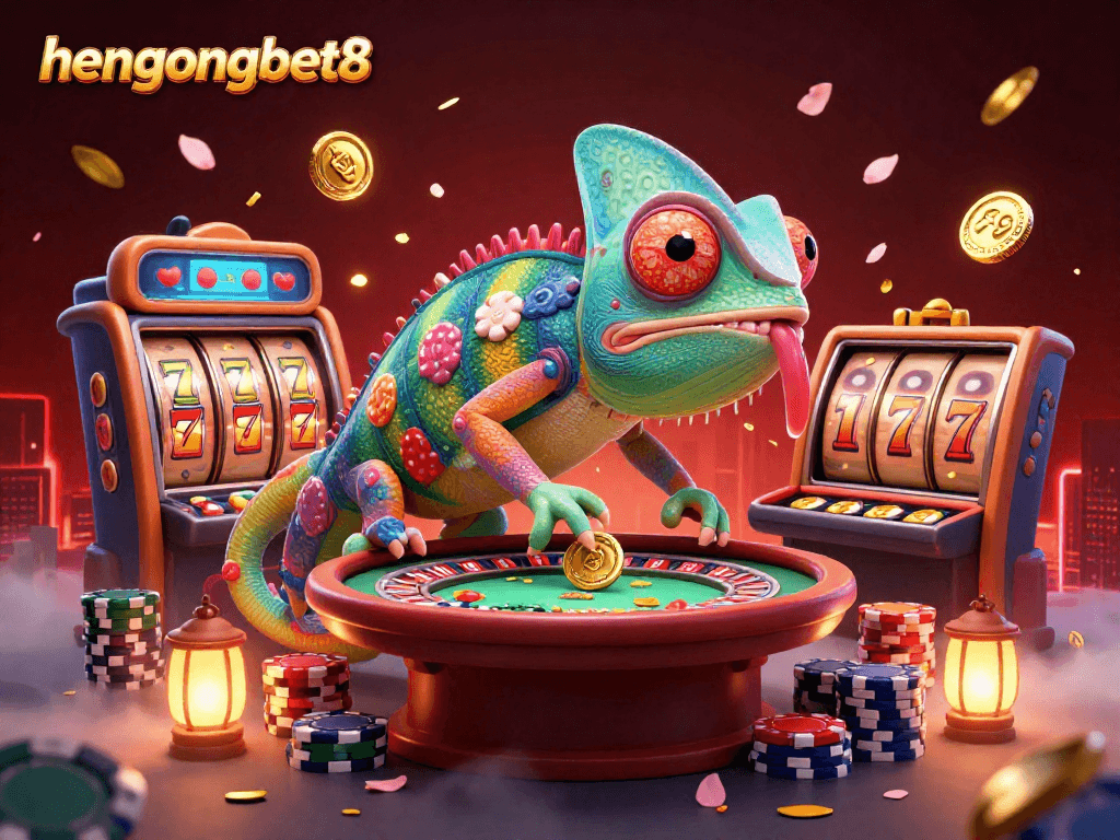 Experience the vibrant action of hengongbet8 with the chameleon casino owner amidst dynamic slot reels.