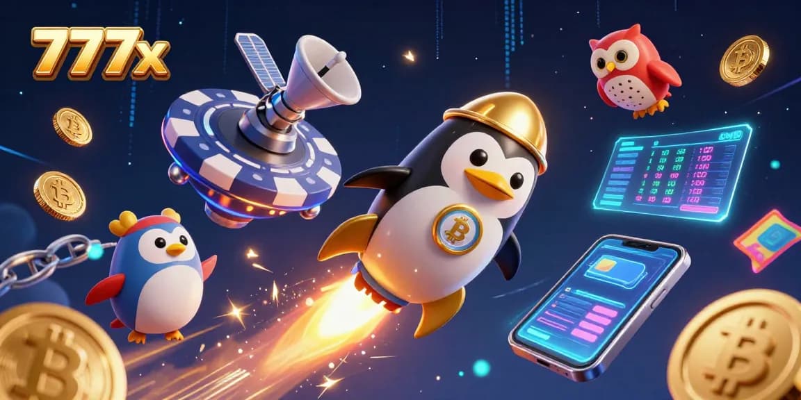 Experience excitement at 777x as a rocket-powered penguin journeys to a cosmic casino!