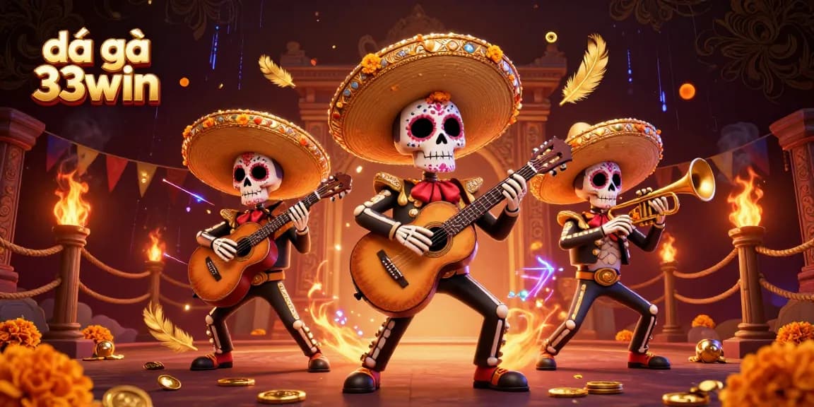 Engage with đá gà 33win in this vibrant 3D scene featuring dynamic mariachi musicians and gambling elements.