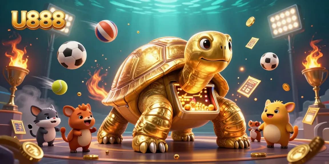 Experience thrilling gameplay with U888, showcasing a golden tortoise pinball machine surrounded by dynamic sports elements.