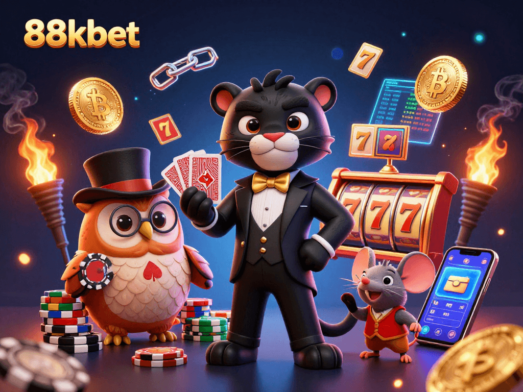 Engage in exciting gameplay at 88kbet with a chic panther dealer, owl with poker chips, and a lucky mouse surrounded by slots.