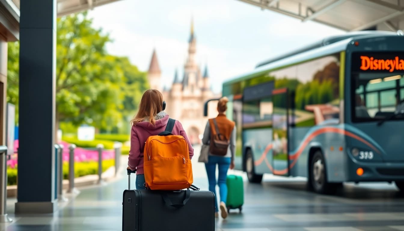 Traveling from Disneyland Paris to airport in a shuttle bus with family.