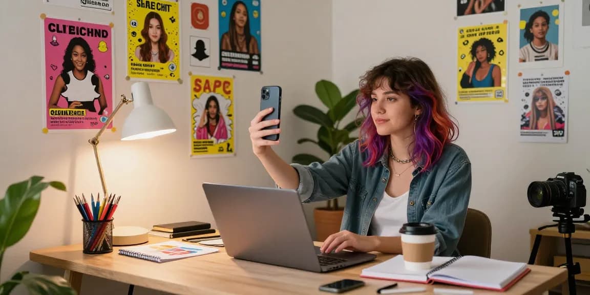 Creative young woman in cozy studio exploring snapchat amateur content creation