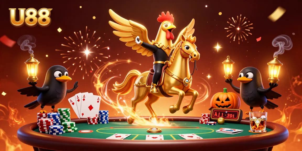 U88 invites players to enjoy a colorful casino scene, showcasing thrilling poker action and festive energy.