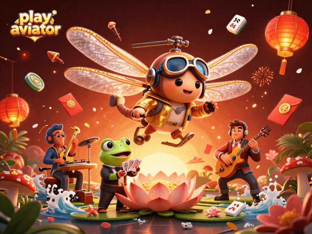 Play Aviator and win at a vibrant lily pad casino featuring a dragonfly pilot and frog croupier.