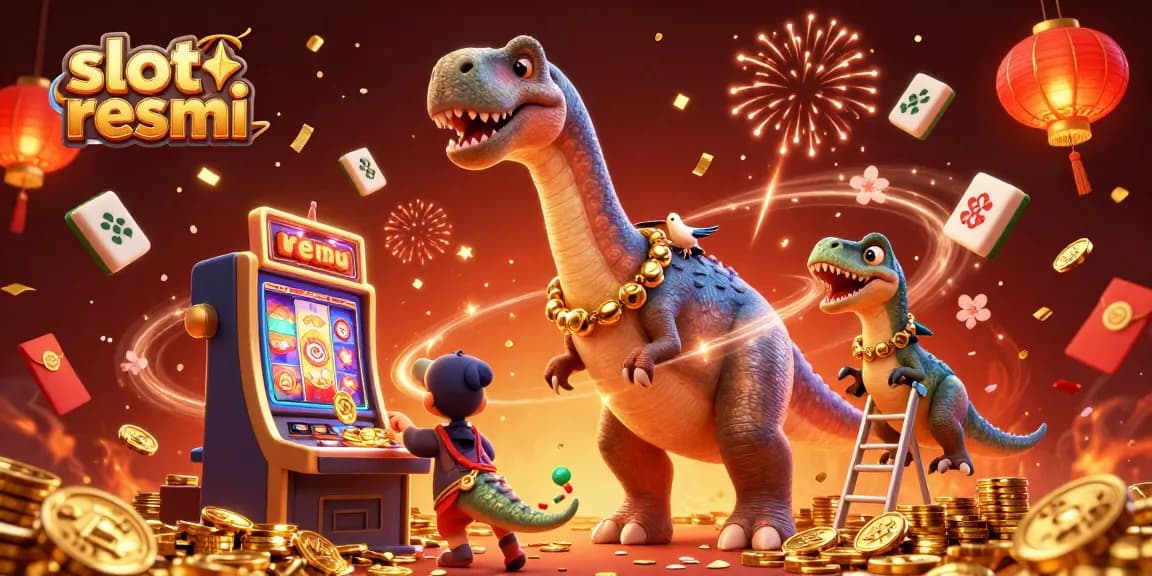 Gambarkan permainan slot resmi dengan brontosaurus raksasa dan raptor dengan kartu di kasino.