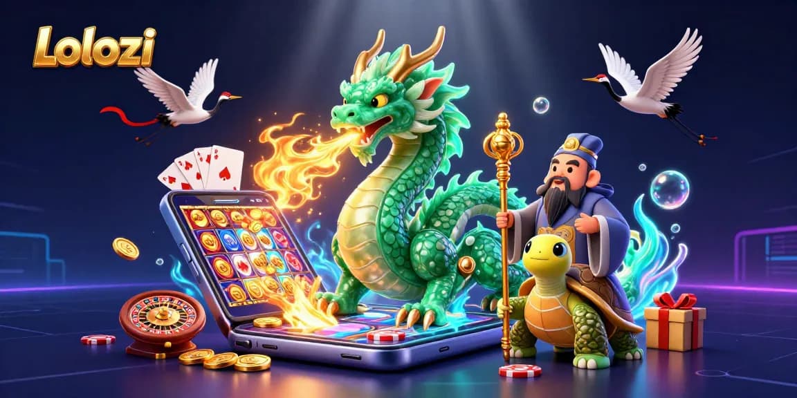 Lolozi engages players with a vibrant illustration of a dragon and sage amidst spinning slot games, enhancing gaming excitement.