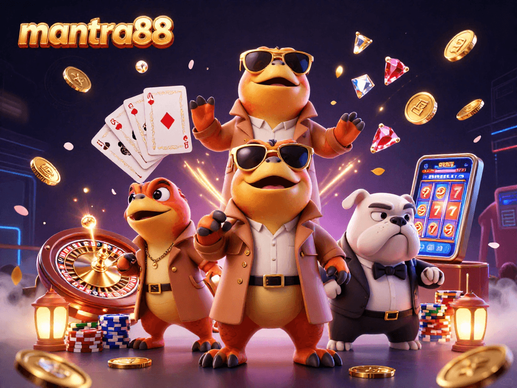 Explore winning strategies with mantra88 in a vibrant casino scene, featuring dazzling coins and game elements.