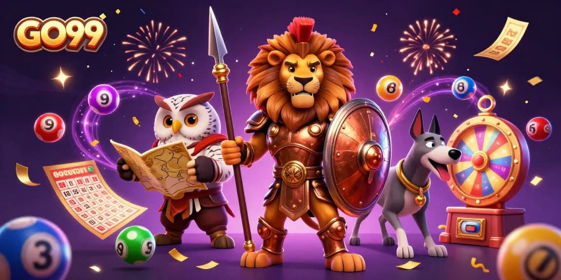 Experience thrilling gameplay at GO99 with vibrant lottery elements and animated characters.