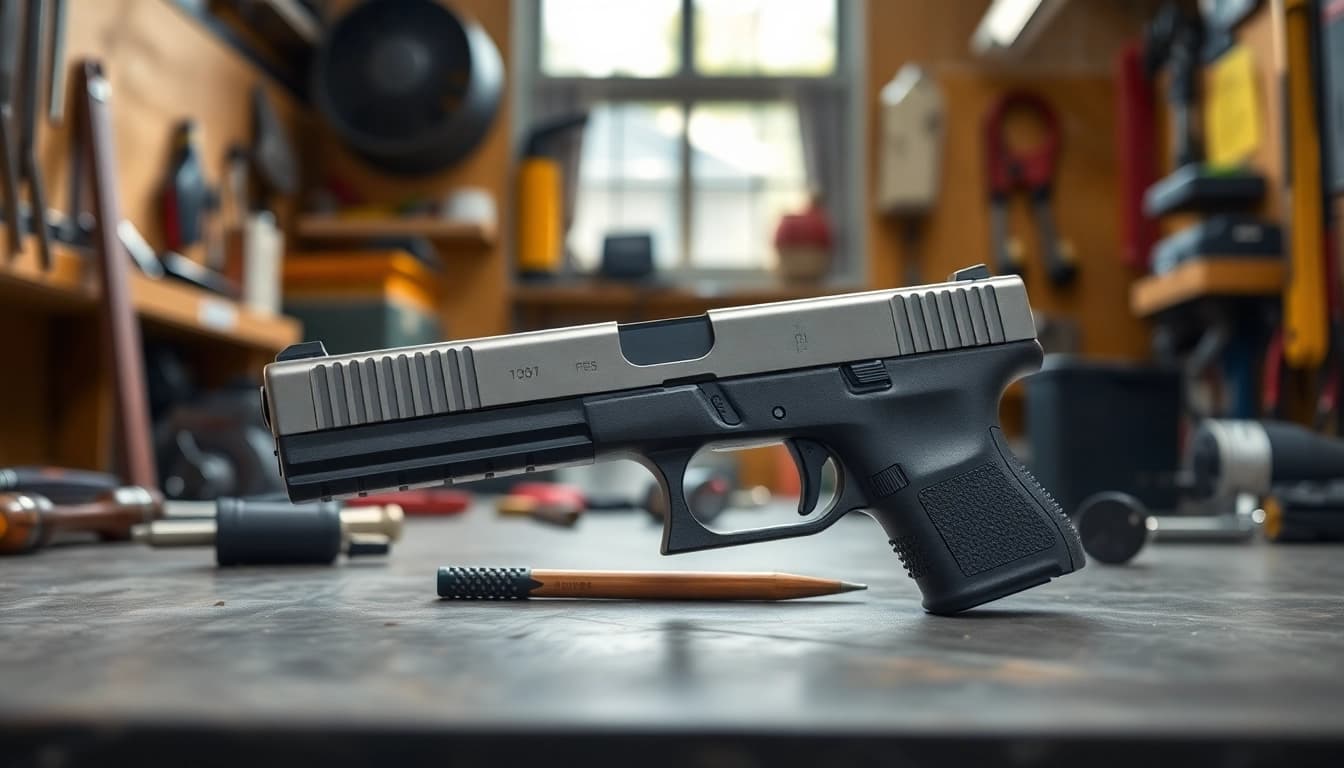 Showcase the glock 26 gen 5 slide in a professional workshop setting, highlighting its precision and quality.
