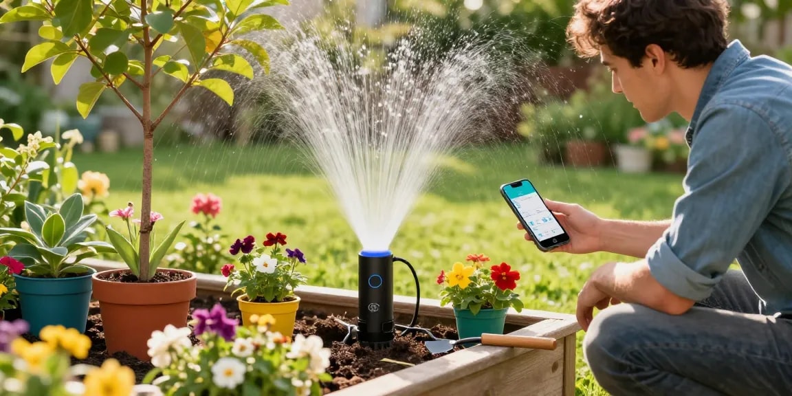 Gardener using a wifi sprinkler controller to automate watering plants in vibrant garden.