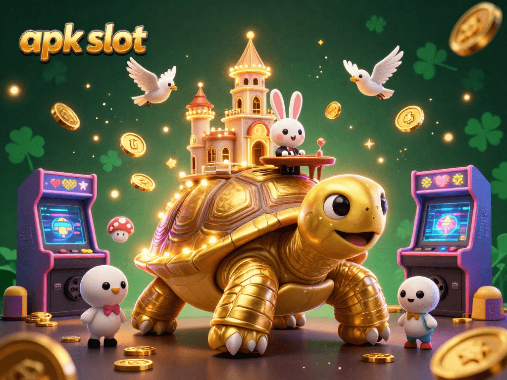 Temukan keseruan bermain apk slot dengan ilustrasi kasino 3D yang menarik penuh dengan simbol keberuntungan.