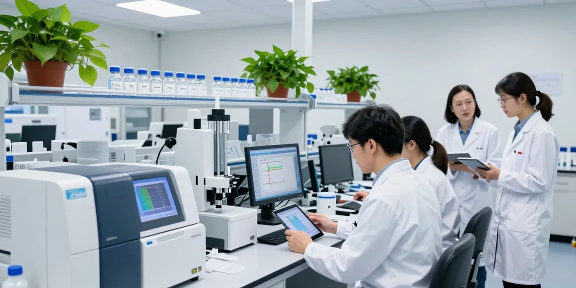 Koi Peptides Canada scientists analyzing samples in a modern lab with cutting-edge research equipment