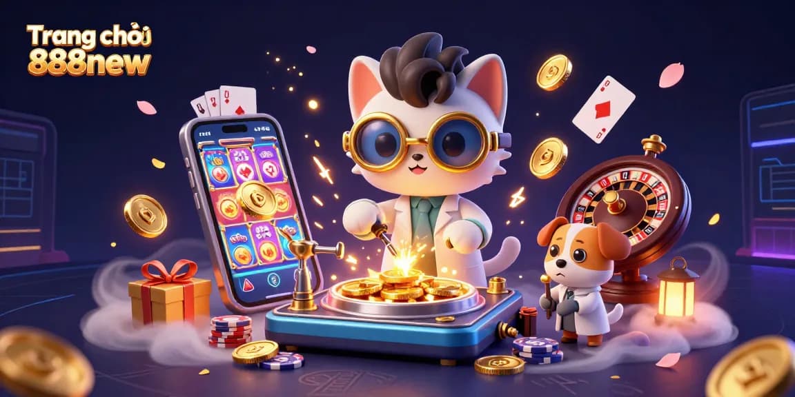 Win big with Trang chủ 888new in a vibrant 3D casino scene featuring a mad scientist cat and dog amidst dynamic gaming elements.